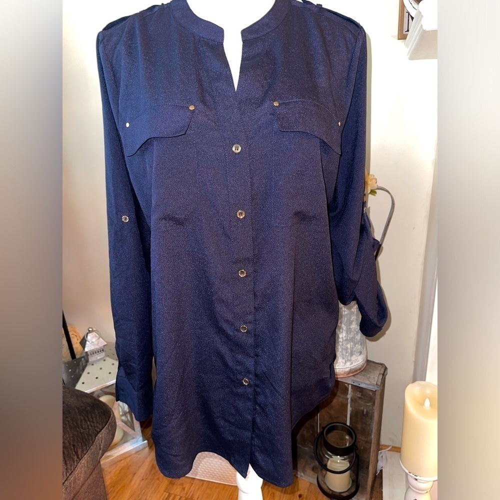 Premise Studio blue blouse. Great for work or going out. Size L NWT